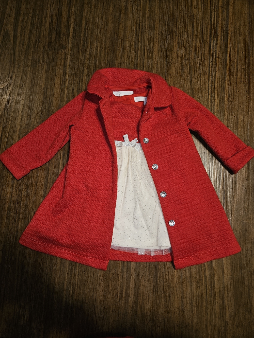 Girls' Red Textured Pea Coat with Dress Detail